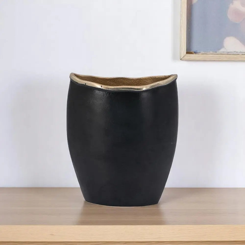 10" Black And Gold Cast Aluminum Oval Table Vase - NOBLE HOME INTERIORS