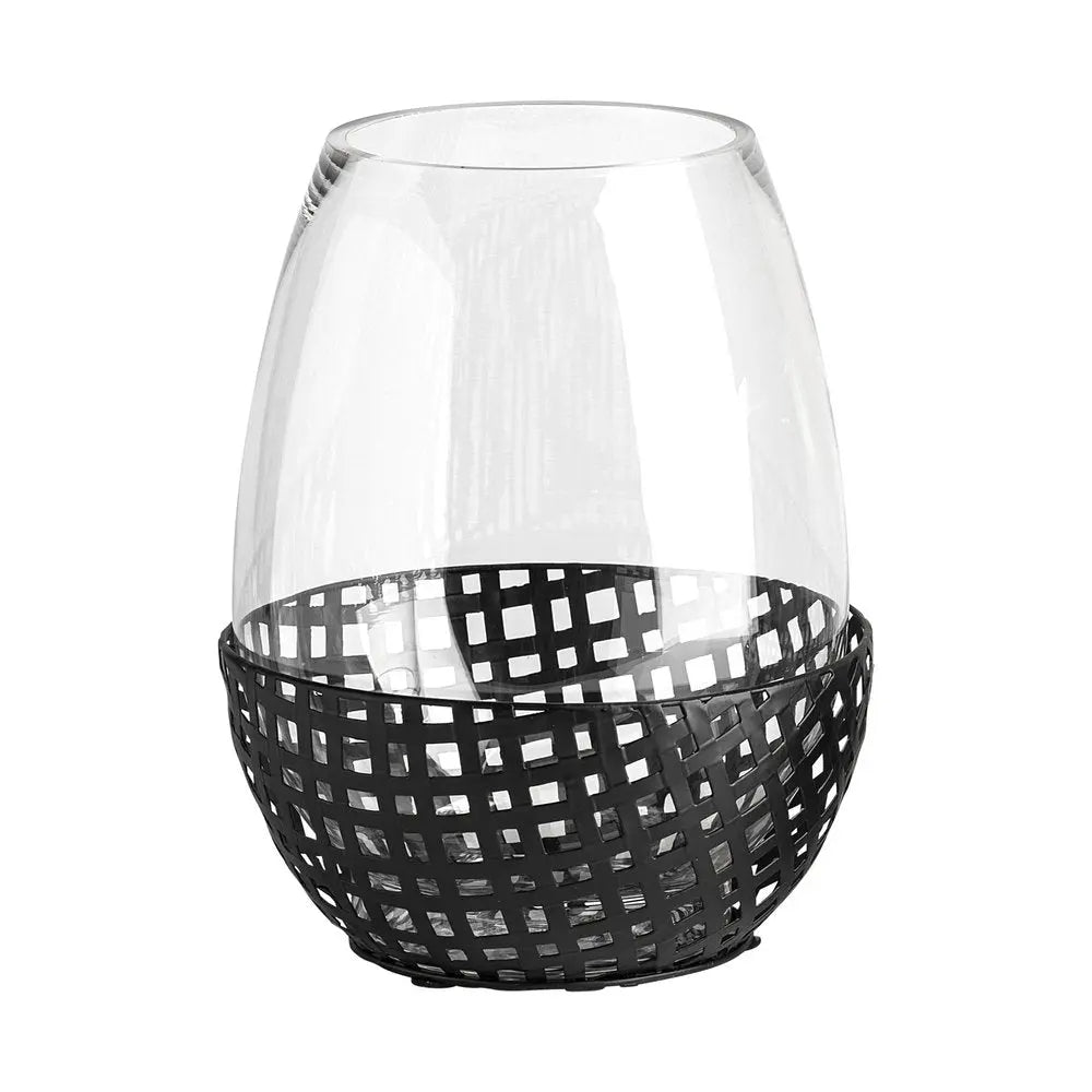 10" Black Woven Metal And Glass Tabletop Hurricane Candle Holder - NOBLE HOME INTERIORS