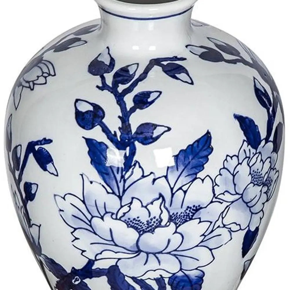10" Blue And White Floral Round Porcelain Table Vase - NOBLE HOME INTERIORS