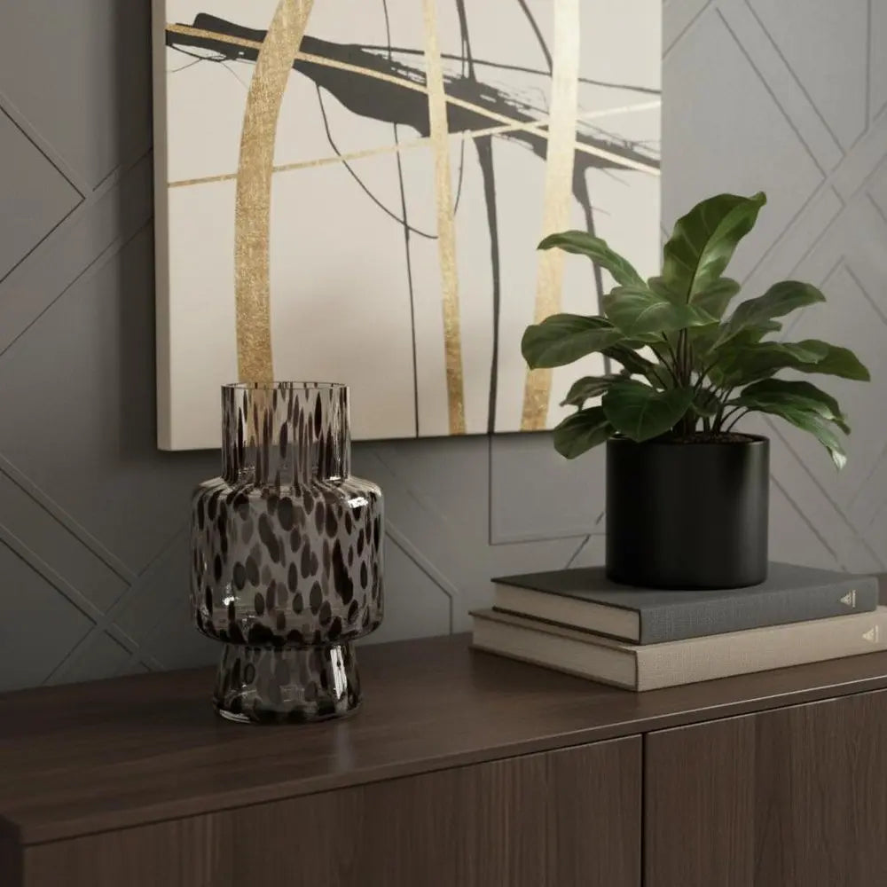 10" Clear Burgundy And Black Abstract Cylinder Glass Table Vase - NOBLE HOME INTERIORS