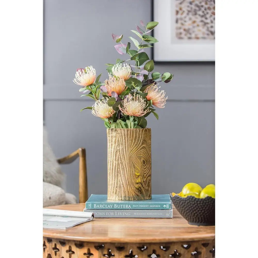 10" Gold Aluminum Oval Faux Wood Table Vase - NOBLE HOME INTERIORS