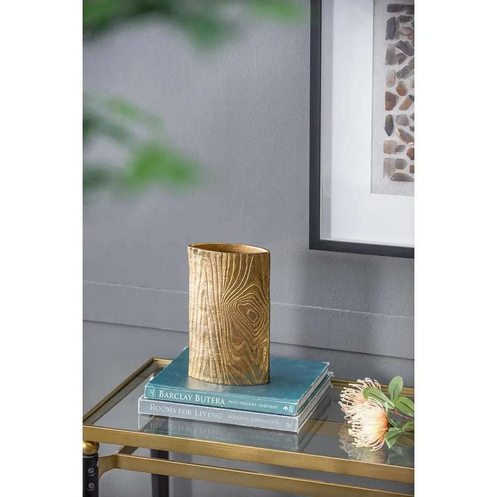 10" Gold Aluminum Oval Faux Wood Table Vase - NOBLE HOME INTERIORS