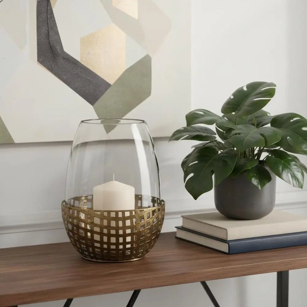 10" Gold And Clear Woven Metal And Glass Tabletop Hurricane Candle Holder - NOBLE HOME INTERIORS