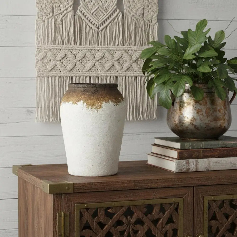 10" Ivory and Brown Ceramic Round Jug Vase - NOBLE HOME INTERIORS