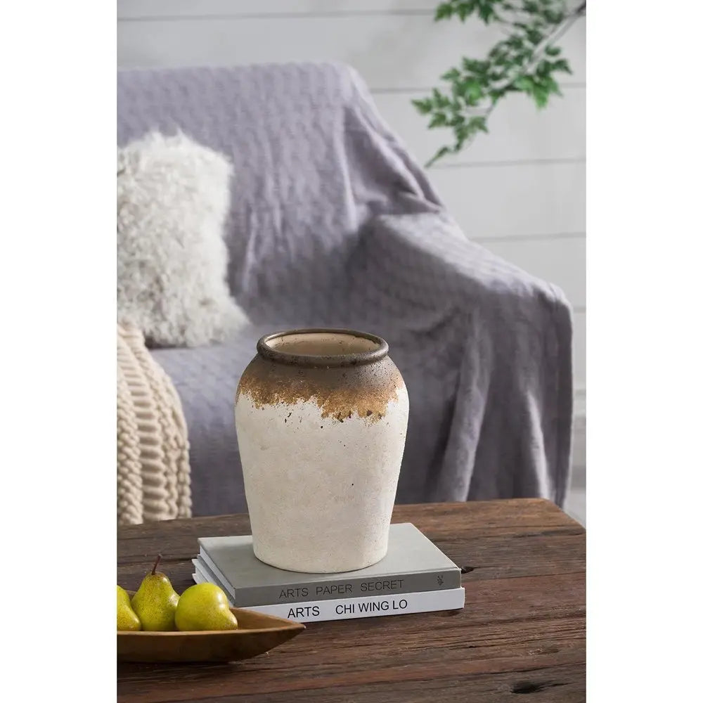 10" Ivory and Brown Ceramic Round Jug Vase - NOBLE HOME INTERIORS