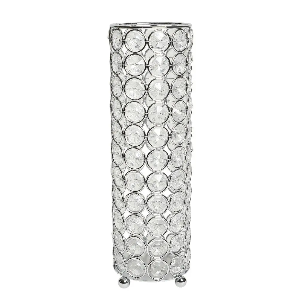 10" Silver And Clear Clear Crystal Cylinder Table Vase With Crystals - NOBLE HOME INTERIORS