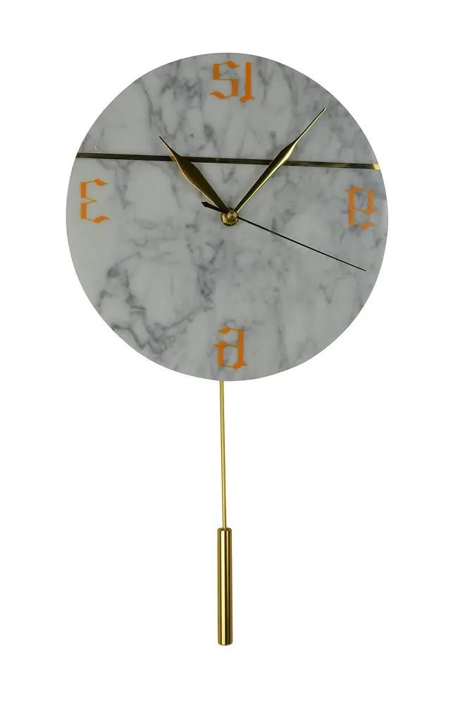 10" White And Gold Marble Silent Pendulum Marble Round Wall Clock - NOBLE HOME INTERIORS