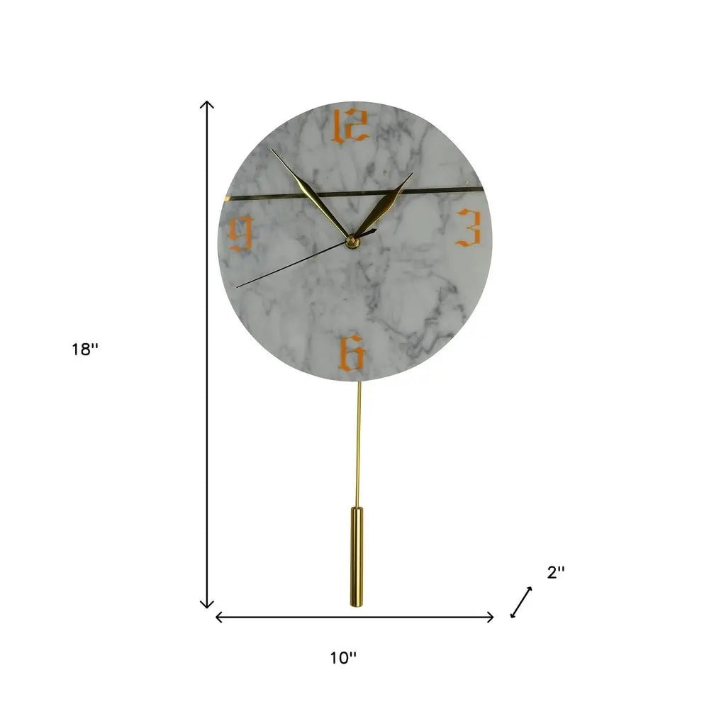 10" White And Gold Marble Silent Pendulum Marble Round Wall Clock - NOBLE HOME INTERIORS