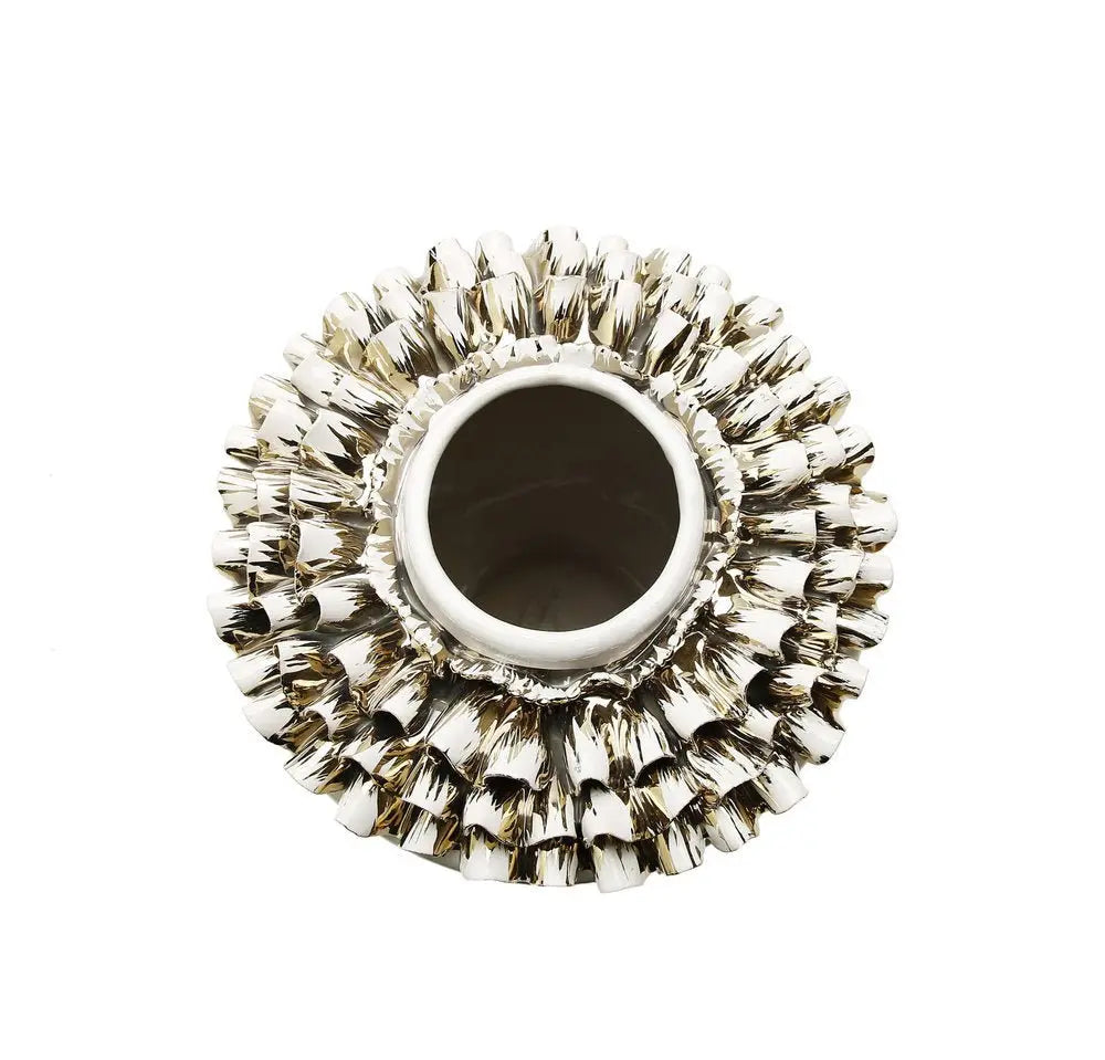 10" White Round Ceramic Table Vase With Sculptural Details - NOBLE HOME INTERIORS