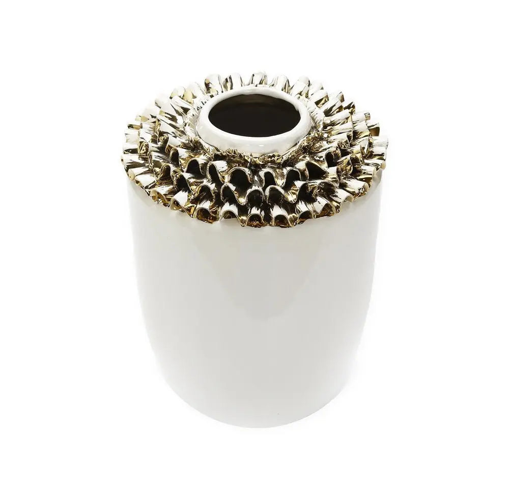 10" White Round Ceramic Table Vase With Sculptural Details - NOBLE HOME INTERIORS