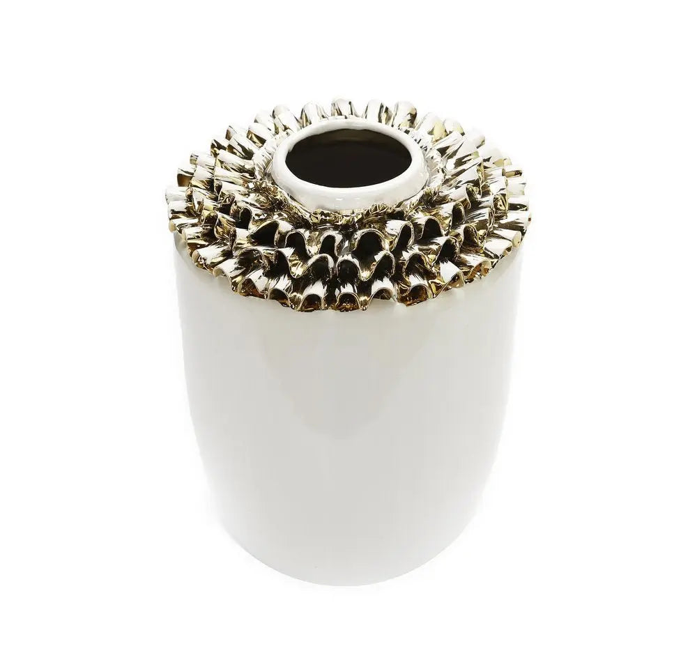 10" White Round Ceramic Table Vase With Sculptural Details - NOBLE HOME INTERIORS