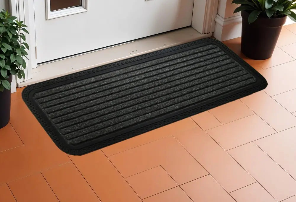 10" X 48" Gray Synthetic Fiber Striped Outdoor Door Mat - NOBLE HOME INTERIORS
