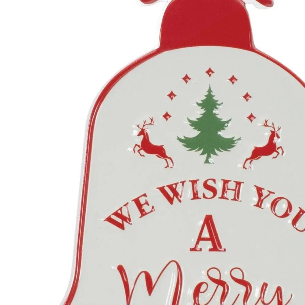 10" X 8" White Red And Green Metal Christmas Bell Hanging Wall Decor - NOBLE HOME INTERIORS