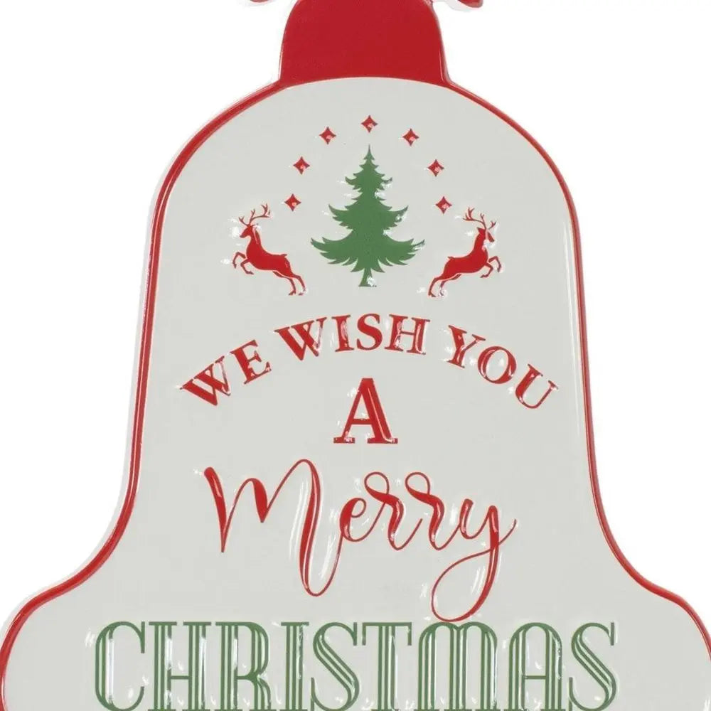 10" X 8" White Red And Green Metal Christmas Bell Hanging Wall Decor - NOBLE HOME INTERIORS