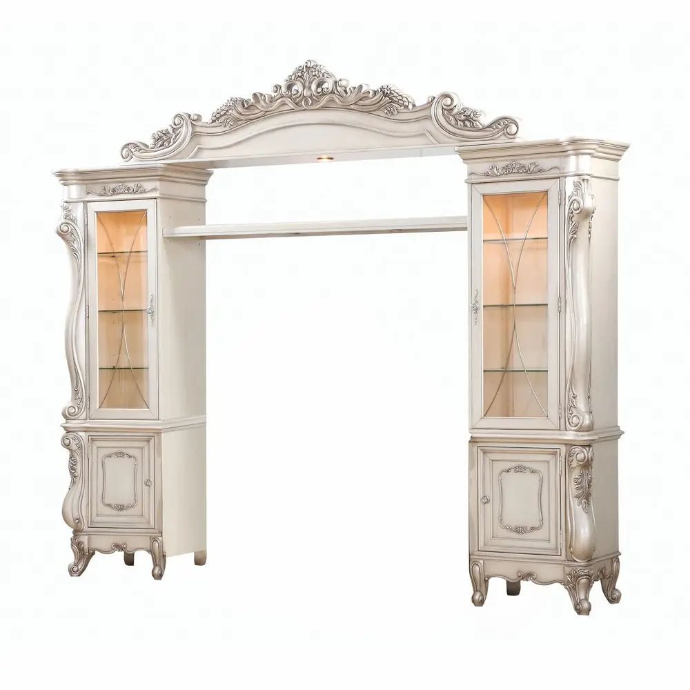101" Antiqued White and Clear Distressed Solid Wood and Wood Textured Door Entertainment Center With Four Doors - NOBLE HOME INTERIORS