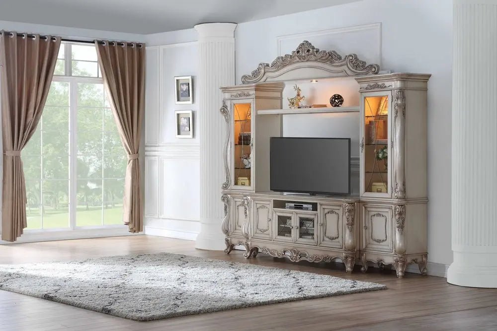 101" Antiqued White and Clear Distressed Solid Wood and Wood Textured Door Entertainment Center With Four Doors - NOBLE HOME INTERIORS