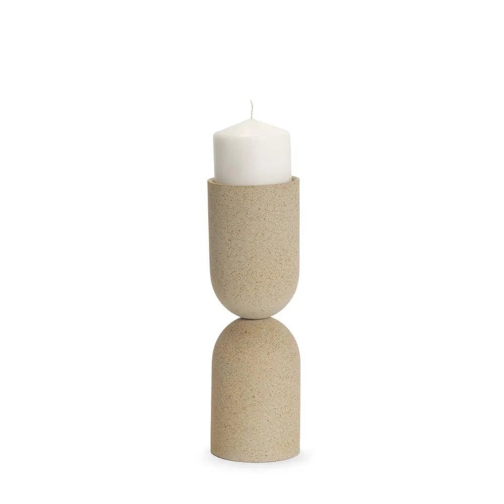 11" Beige Metal Tabletop Pillar Candle Holder - NOBLE HOME INTERIORS