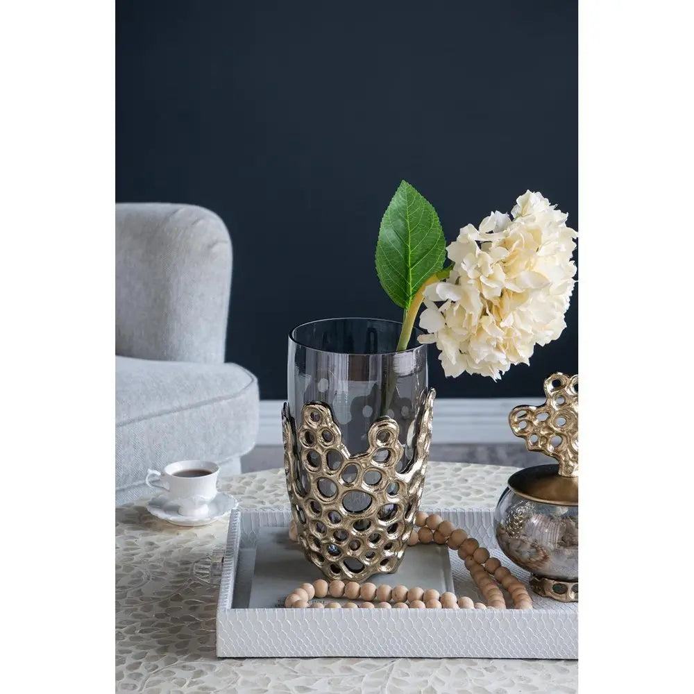 11" Black And Gold Glass And Aluminum Geo Circles Table Vase - NOBLE HOME INTERIORS