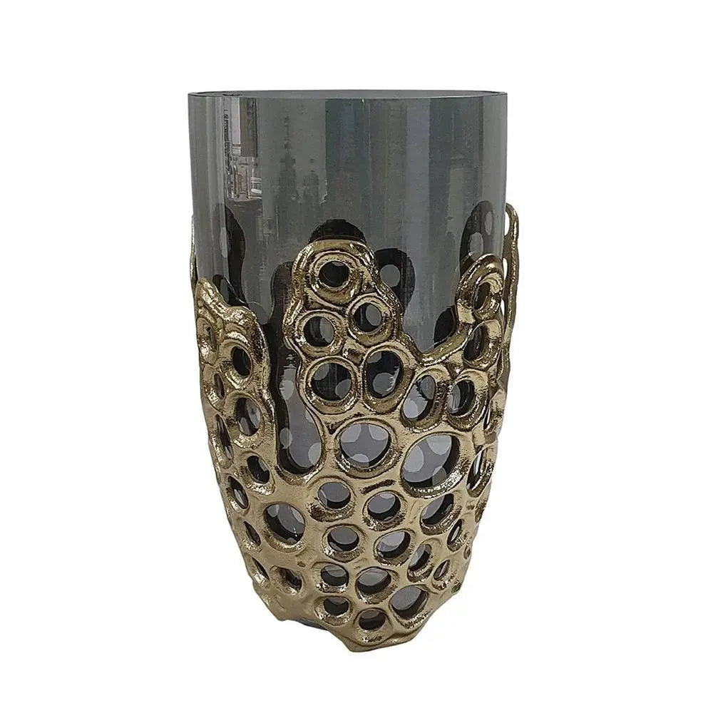 11" Black And Gold Glass And Aluminum Geo Circles Table Vase - NOBLE HOME INTERIORS