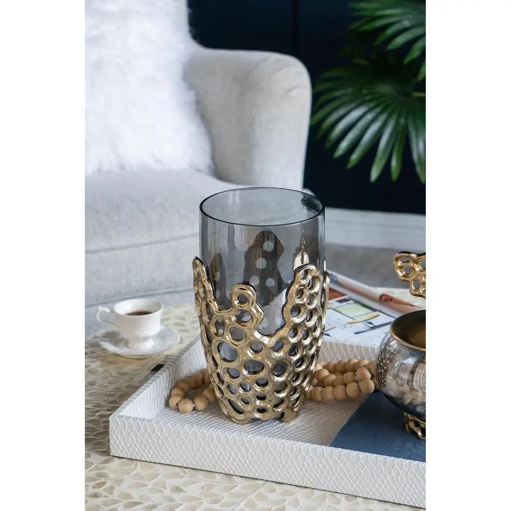 11" Black And Gold Glass And Aluminum Geo Circles Table Vase - NOBLE HOME INTERIORS