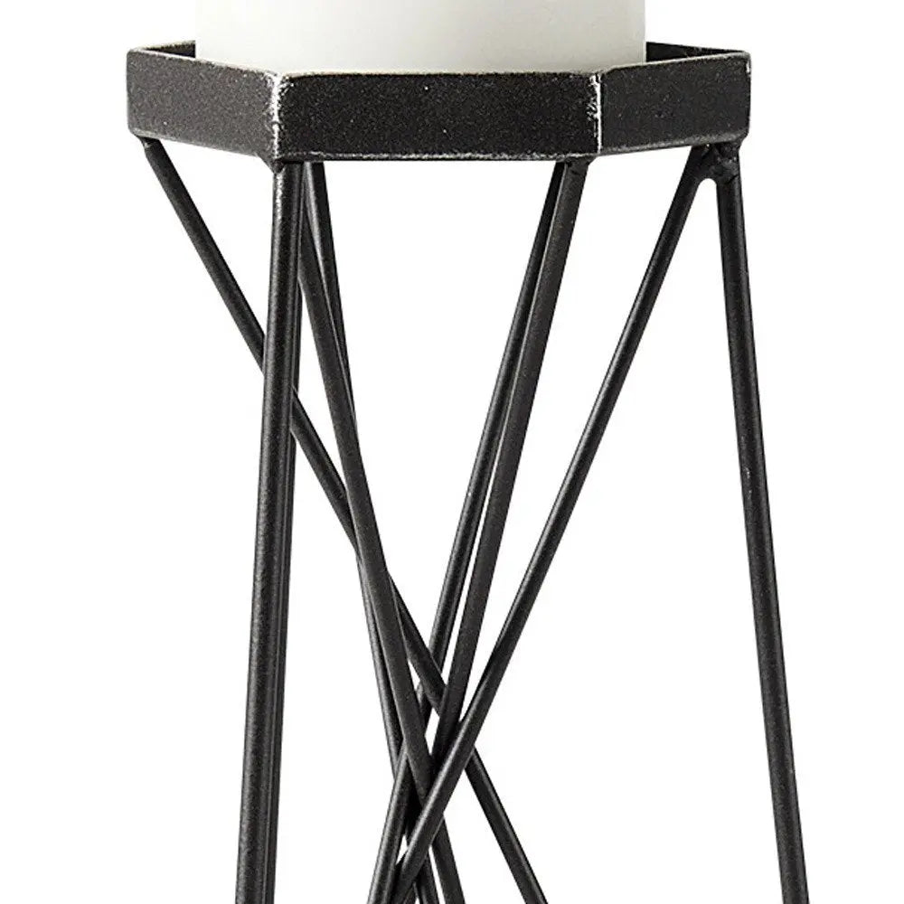 11" Black Distressed Geometric Metal Tabletop Pillar Candle Holder - NOBLE HOME INTERIORS
