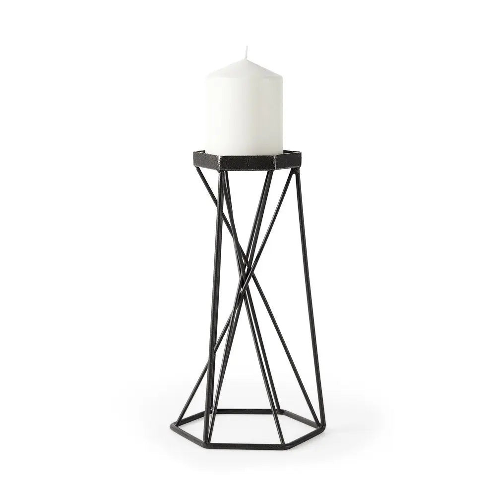 11" Black Distressed Geometric Metal Tabletop Pillar Candle Holder - NOBLE HOME INTERIORS