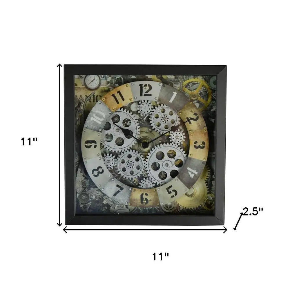 11" Black Gold And Silver Metal Silent Skeleton Distressed Exposed Gear Square Wall Clock - NOBLE HOME INTERIORS