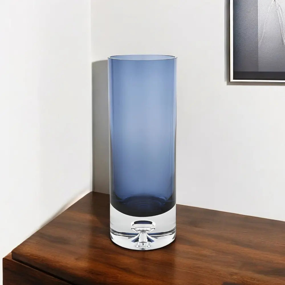 11" Blue And Clear Cylinder Crystal Glass Table Vase - NOBLE HOME INTERIORS