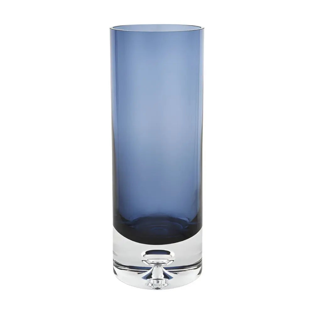 11" Blue And Clear Cylinder Crystal Glass Table Vase - NOBLE HOME INTERIORS