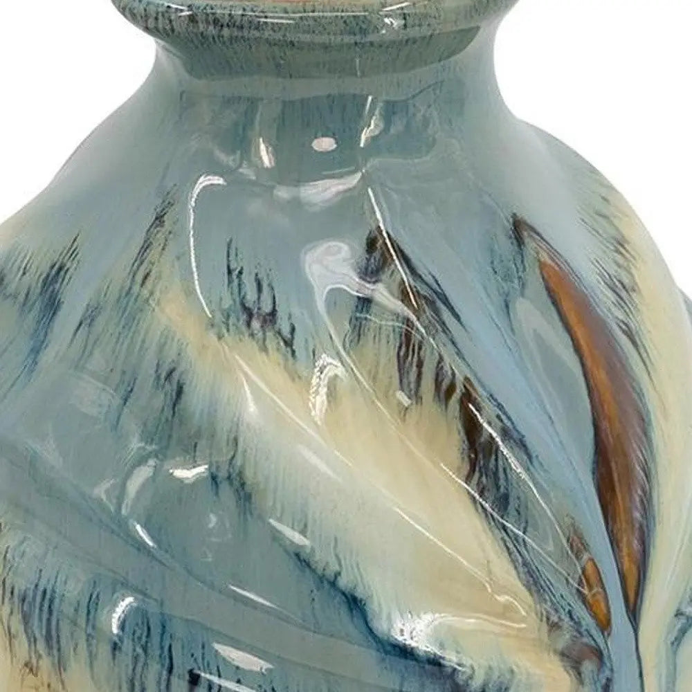 11" Blue Beige And Brown Abstract Round Ceramic Table Vase - NOBLE HOME INTERIORS