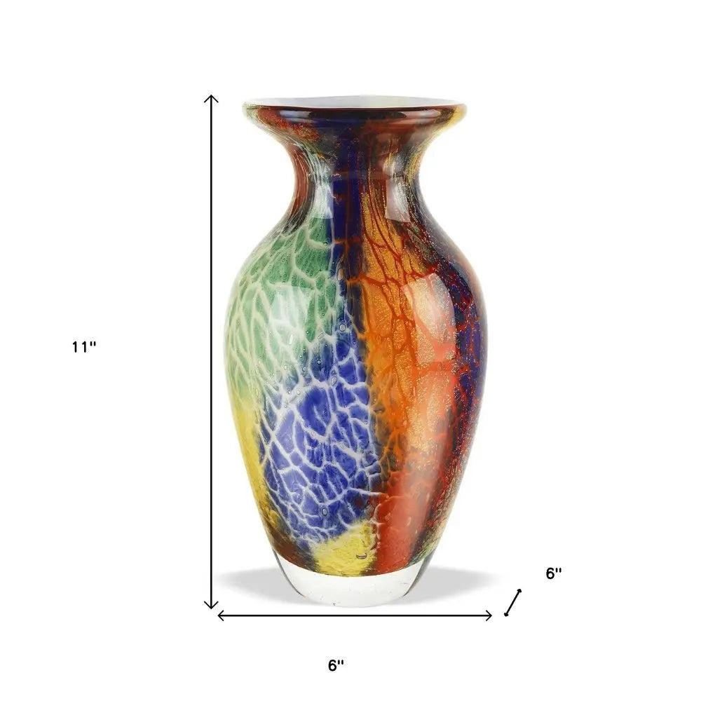 11" Blue Green And Orange Urn Murano Glass Table Vase - NOBLE HOME INTERIORS