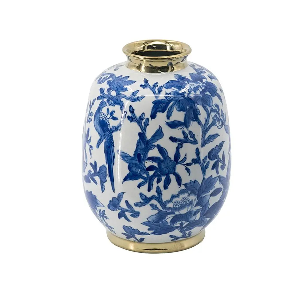 11" Blue White And Gold Chinoiserie Floral Porcelain Table Vase - NOBLE HOME INTERIORS