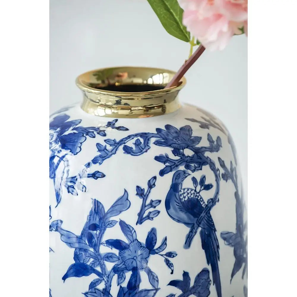 11" Blue White And Gold Chinoiserie Floral Porcelain Table Vase - NOBLE HOME INTERIORS
