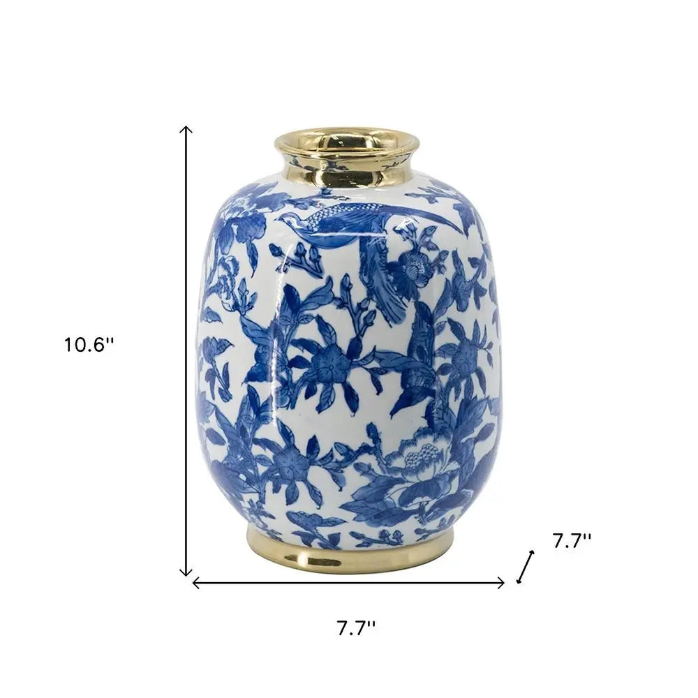 11" Blue White And Gold Chinoiserie Floral Porcelain Table Vase - NOBLE HOME INTERIORS