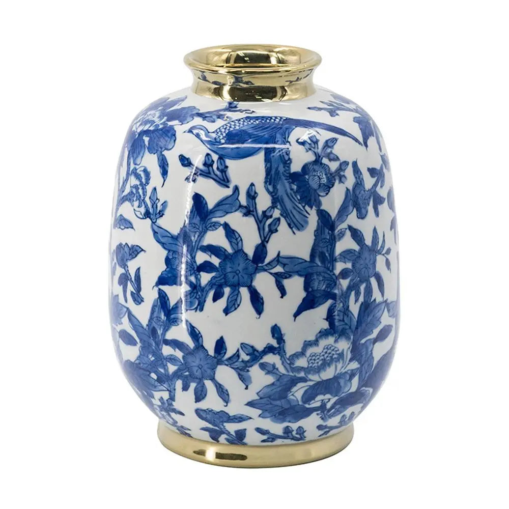11" Blue White And Gold Chinoiserie Floral Porcelain Table Vase - NOBLE HOME INTERIORS