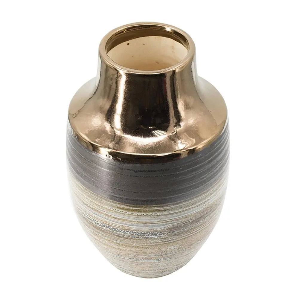 11" Brown and Bronze Striped Round Ceramic Table Vase With Does Not Apply - NOBLE HOME INTERIORS