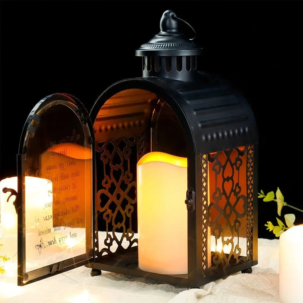 11" Clear And Black Glass And Metal Memorial Remembrance Lantern Candle Holder - NOVA HOME FURNITURE