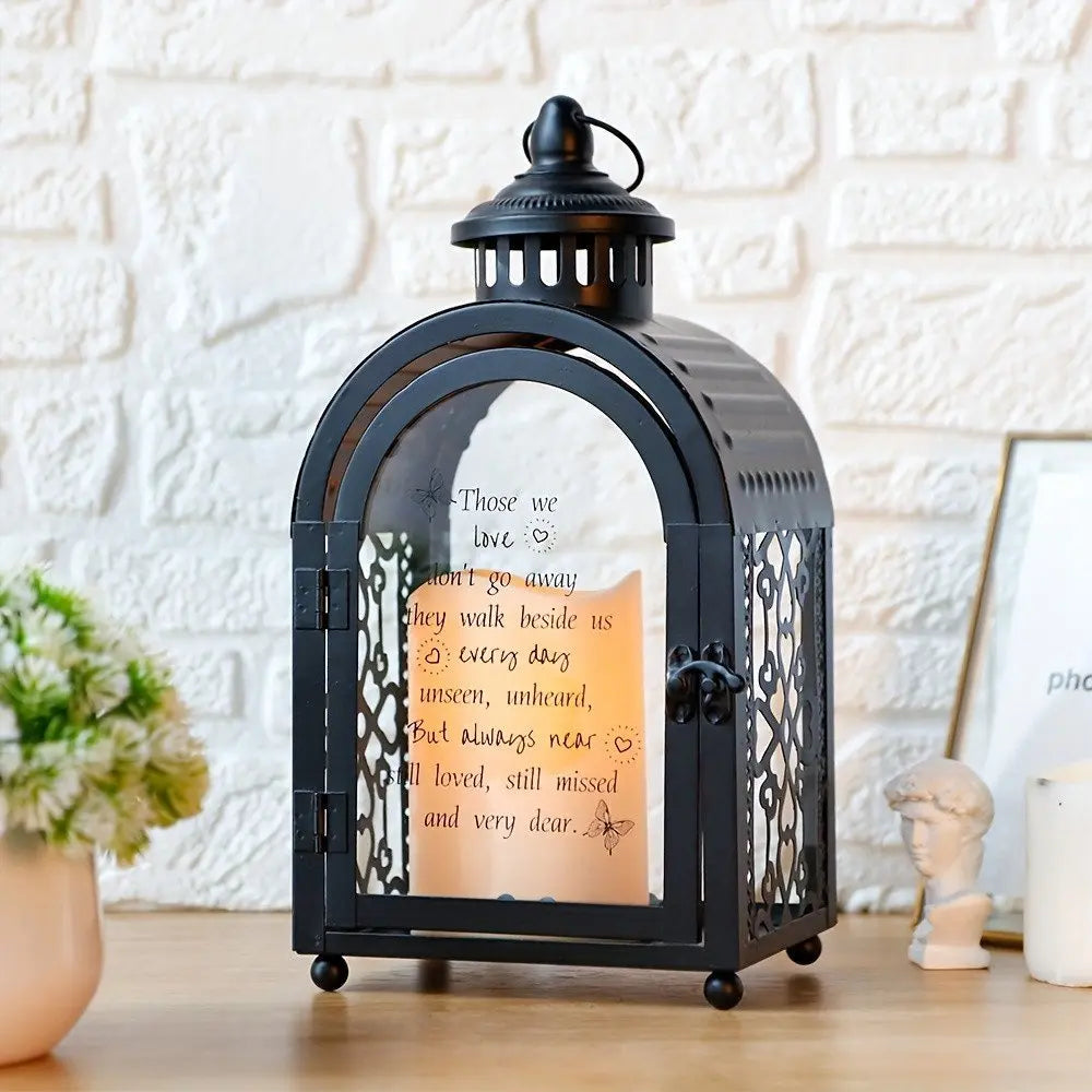 11" Clear And Black Glass And Metal Memorial Remembrance Lantern Candle Holder - NOVA HOME FURNITURE