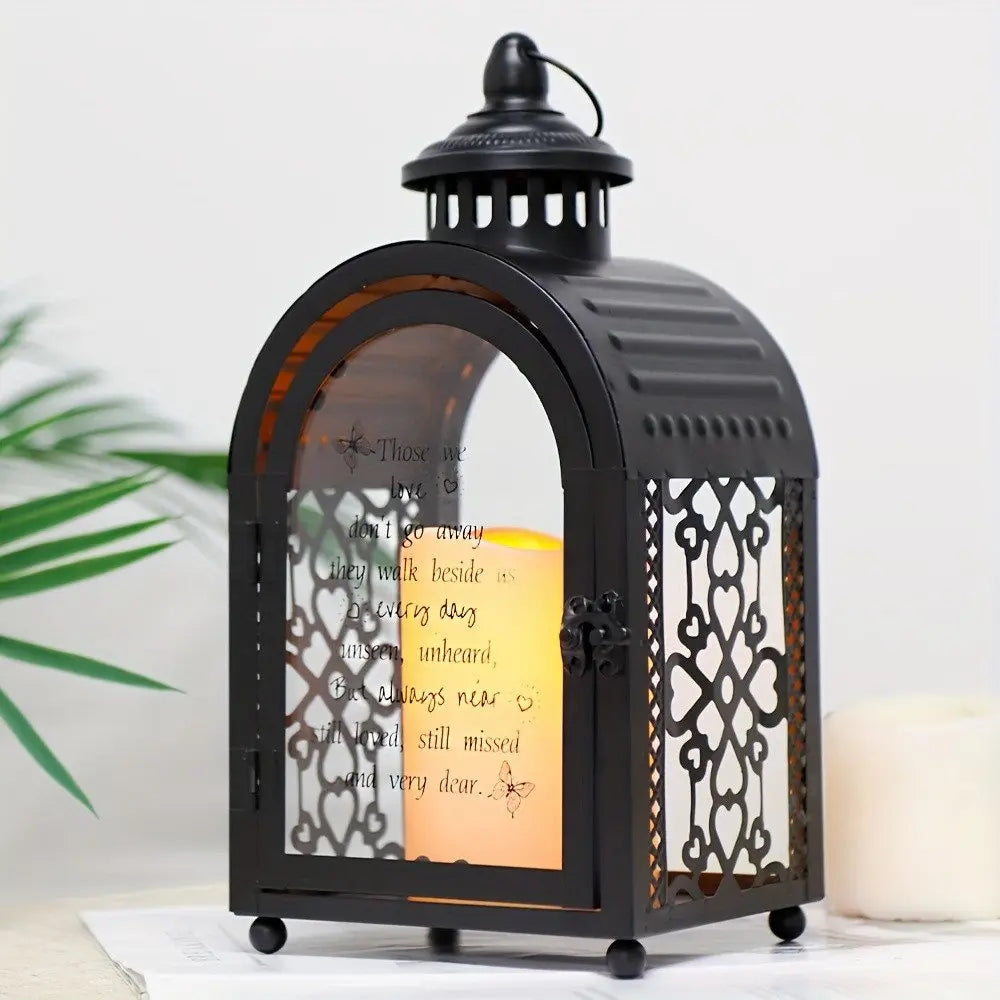 11" Clear And Black Glass And Metal Memorial Remembrance Lantern Candle Holder - NOVA HOME FURNITURE