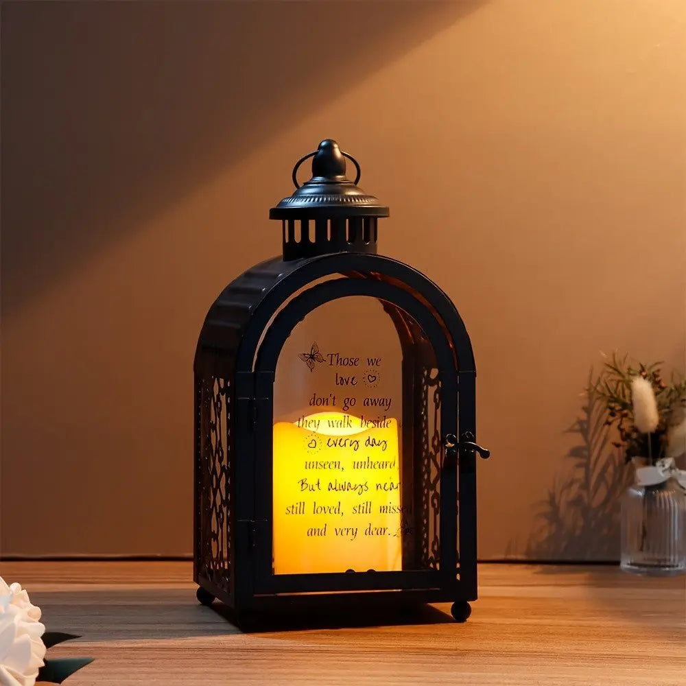 11" Clear And Black Glass And Metal Memorial Remembrance Lantern Candle Holder - NOVA HOME FURNITURE