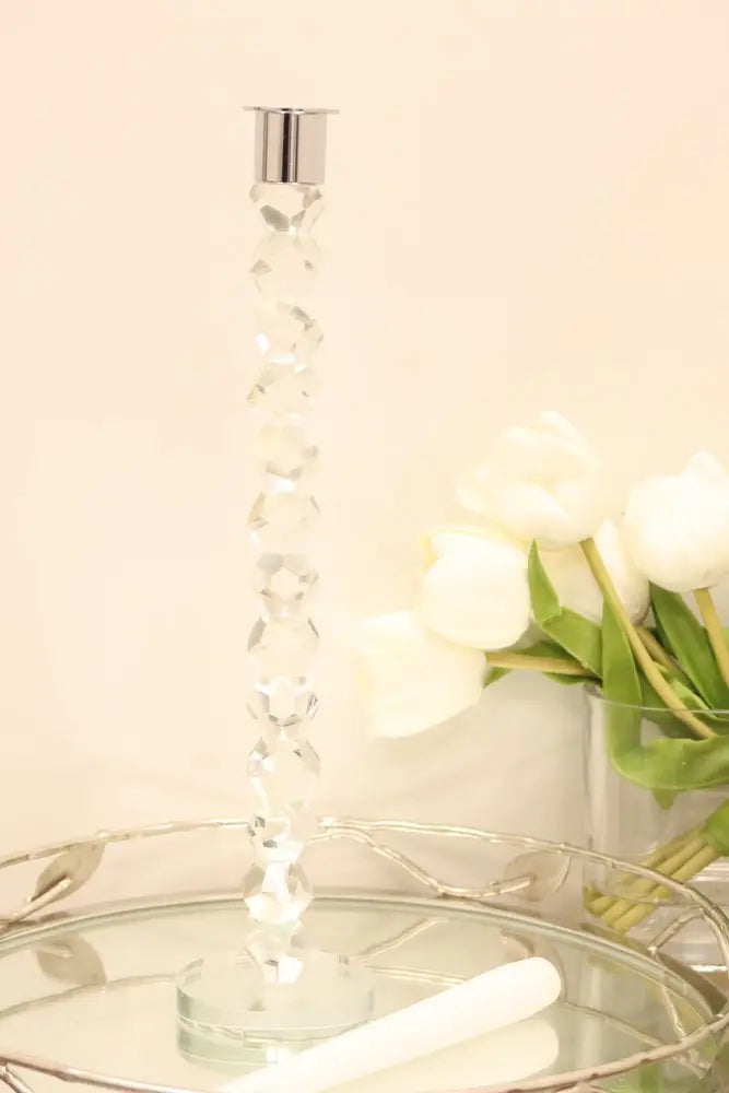 11" Clear And Silver Geo Stacks Crystal Tabletop Taper Candlestick - NOBLE HOME INTERIORS