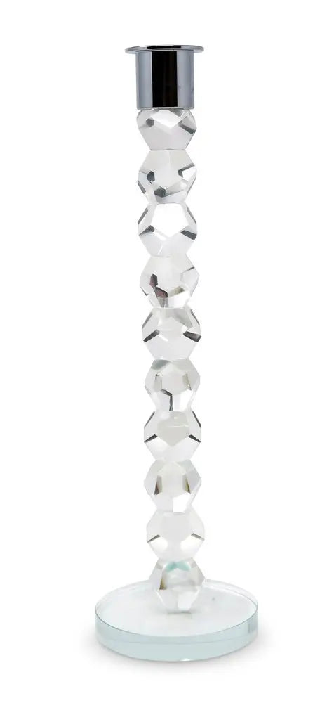 11" Clear And Silver Geo Stacks Crystal Tabletop Taper Candlestick - NOBLE HOME INTERIORS