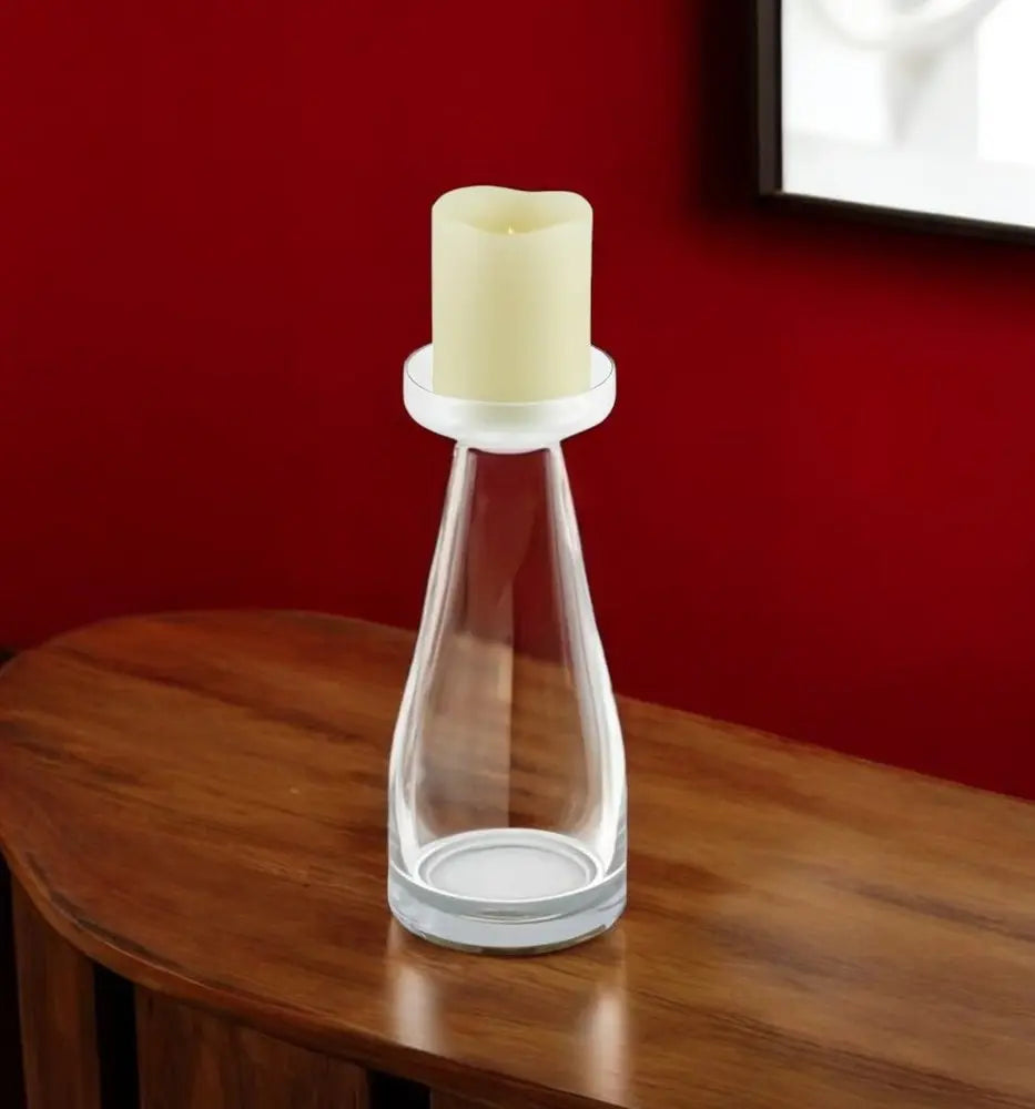 11" Clear Glass Centerpiece Pillar Candle Holder With Candle - NOBLE HOME INTERIORS