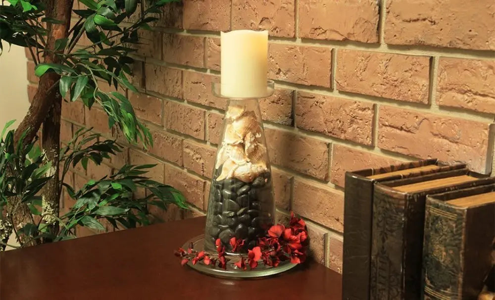 11" Clear Glass Centerpiece Pillar Candle Holder With Candle - NOBLE HOME INTERIORS