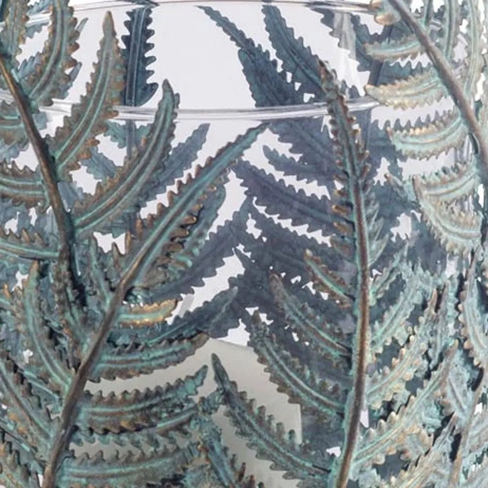 11" Green And Gold Distressed Botanical Leaf Metal Tabletop Hurricane Candle Holder - NOBLE HOME INTERIORS