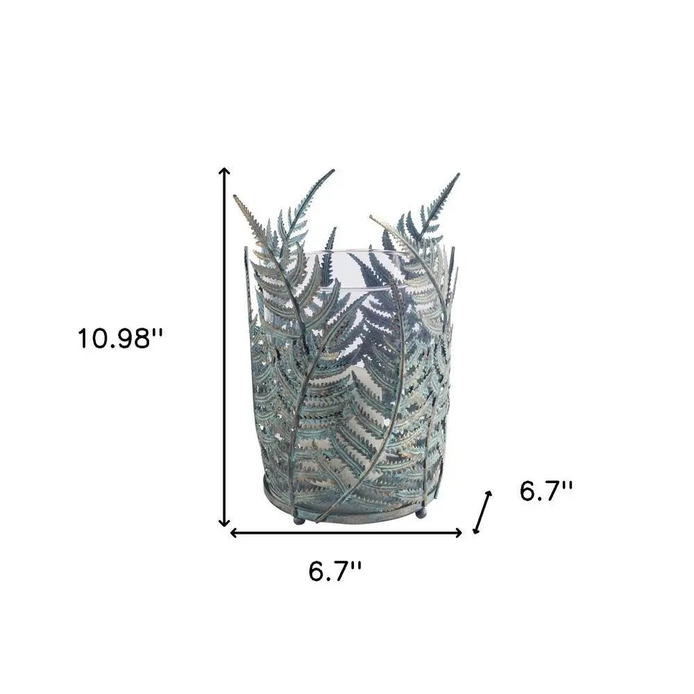 11" Green And Gold Distressed Botanical Leaf Metal Tabletop Hurricane Candle Holder - NOBLE HOME INTERIORS