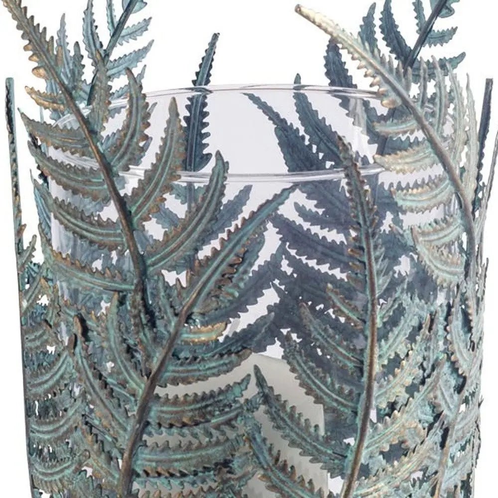 11" Green And Gold Distressed Botanical Leaf Metal Tabletop Hurricane Candle Holder - NOBLE HOME INTERIORS