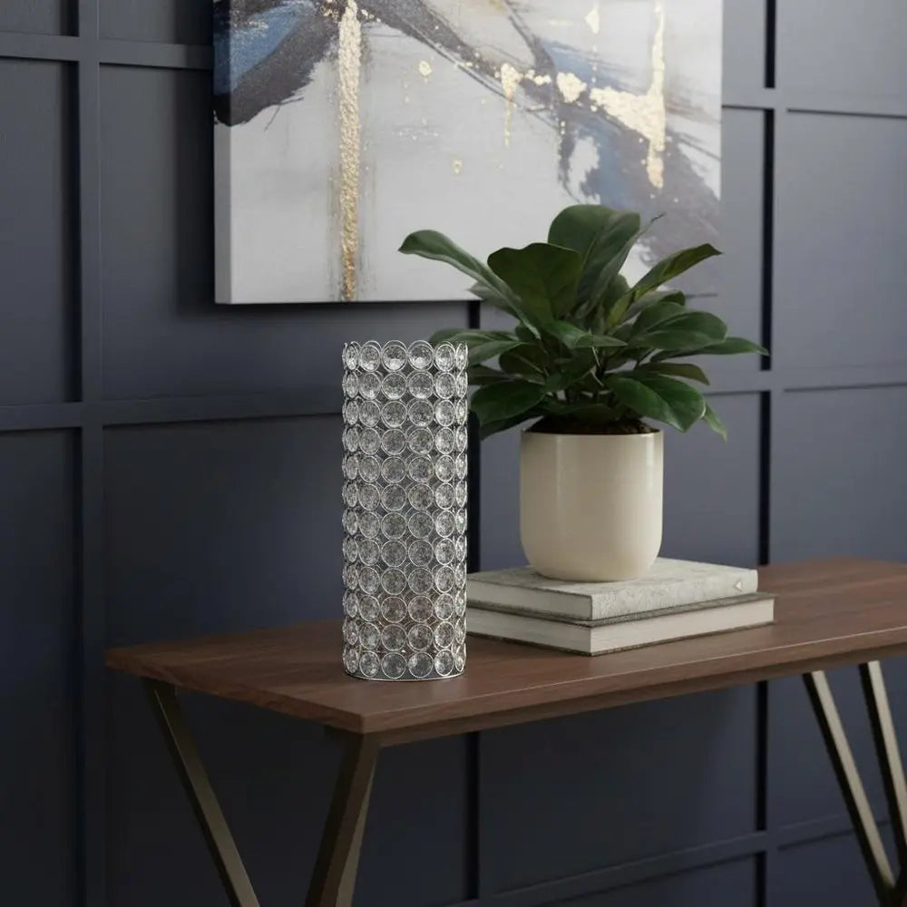 11" Silver And Clear Clear Crystal Cylinder Table Vase With Crystals - NOBLE HOME INTERIORS