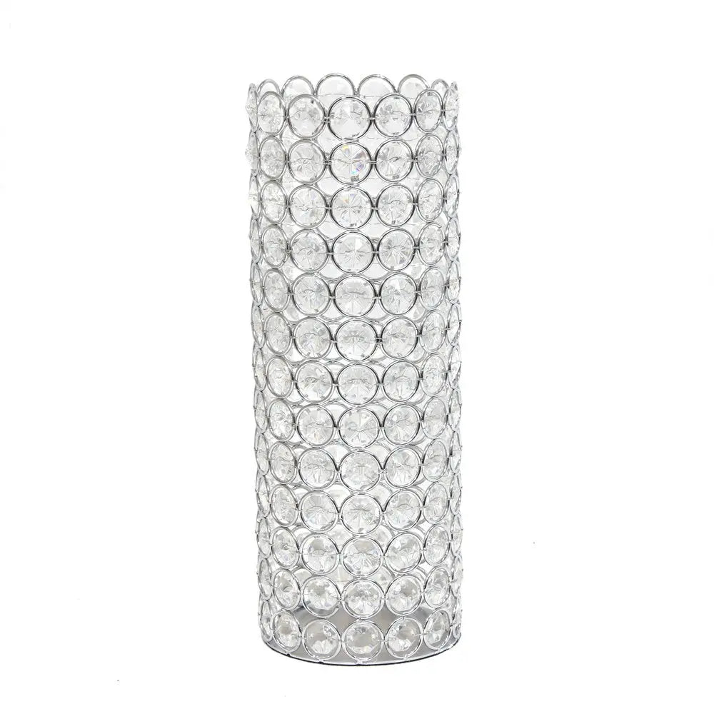 11" Silver And Clear Clear Crystal Cylinder Table Vase With Crystals - NOBLE HOME INTERIORS