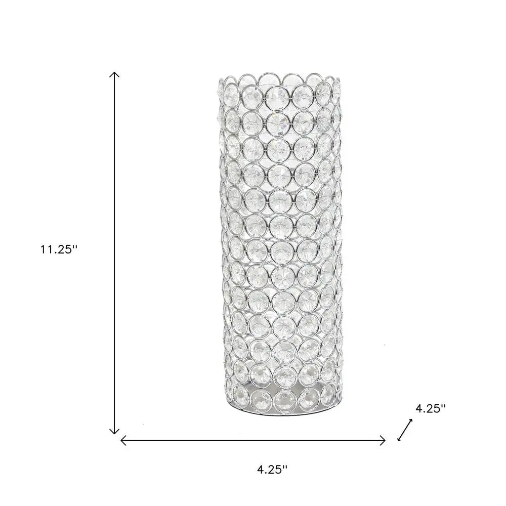11" Silver And Clear Clear Crystal Cylinder Table Vase With Crystals - NOBLE HOME INTERIORS